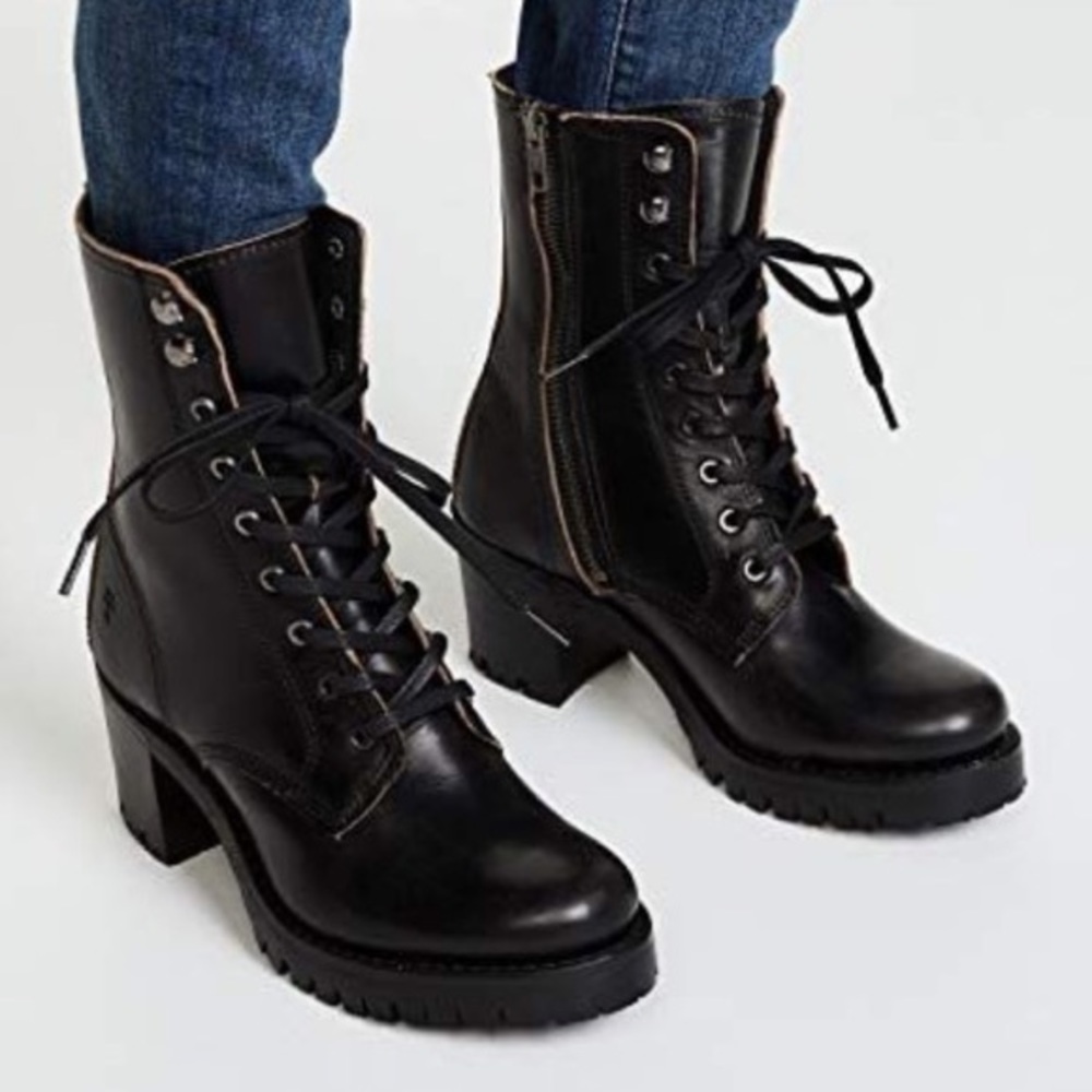 $528 Frye Sabrina Moto Brown Lace Up Leather Chunky Lug Heel Combat Ankle Bootie - Picture 6 of 16